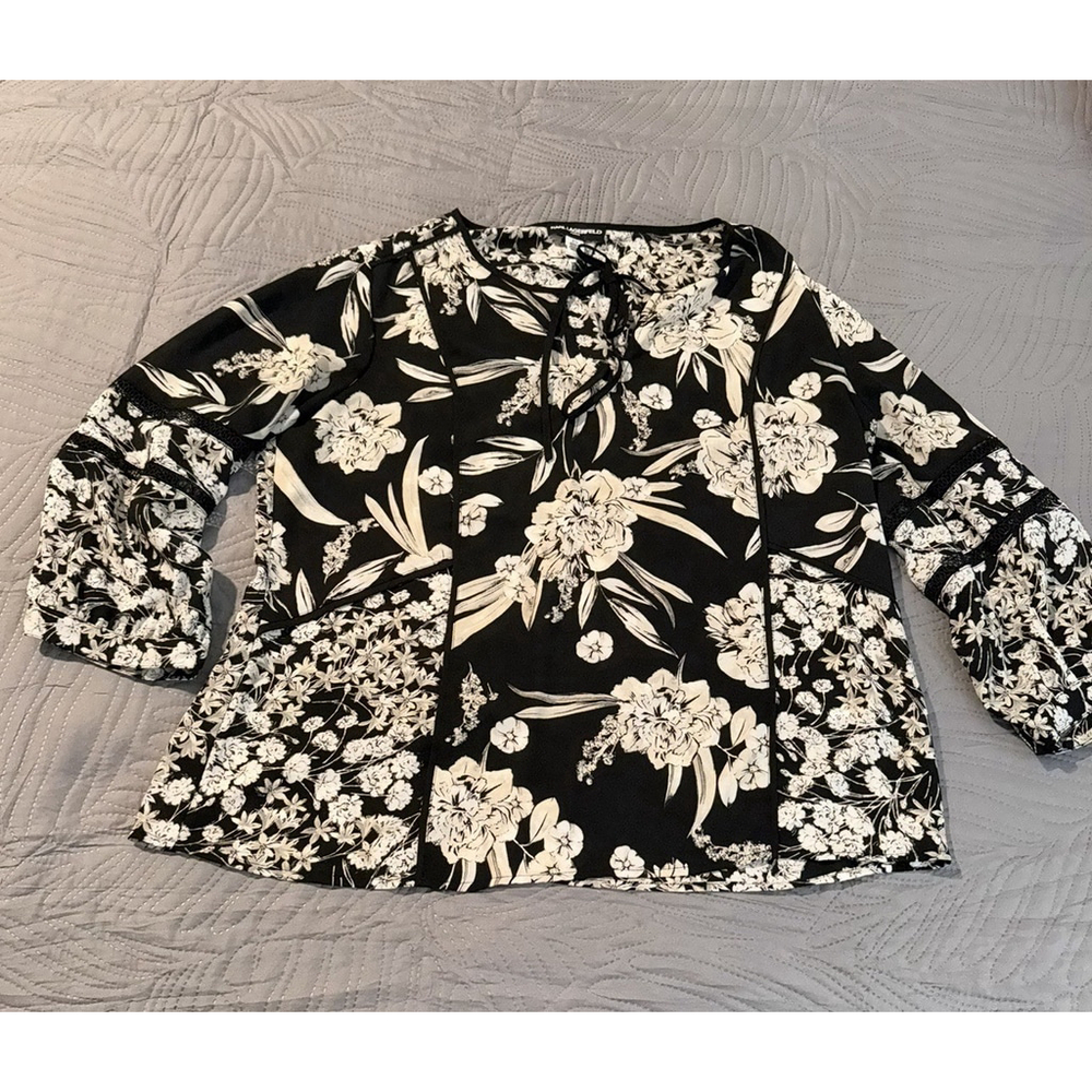 Karl Lagerfeld Floral Print Peasant Blouse Black/Beige Size Large